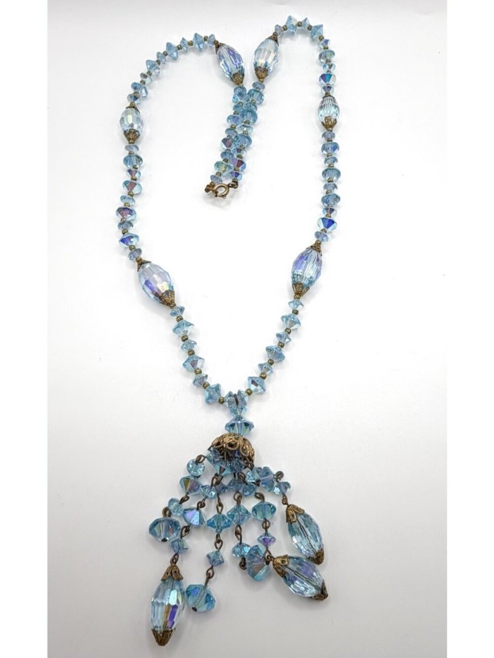Blue Crystal Tassel Pendant Necklace 23.5”